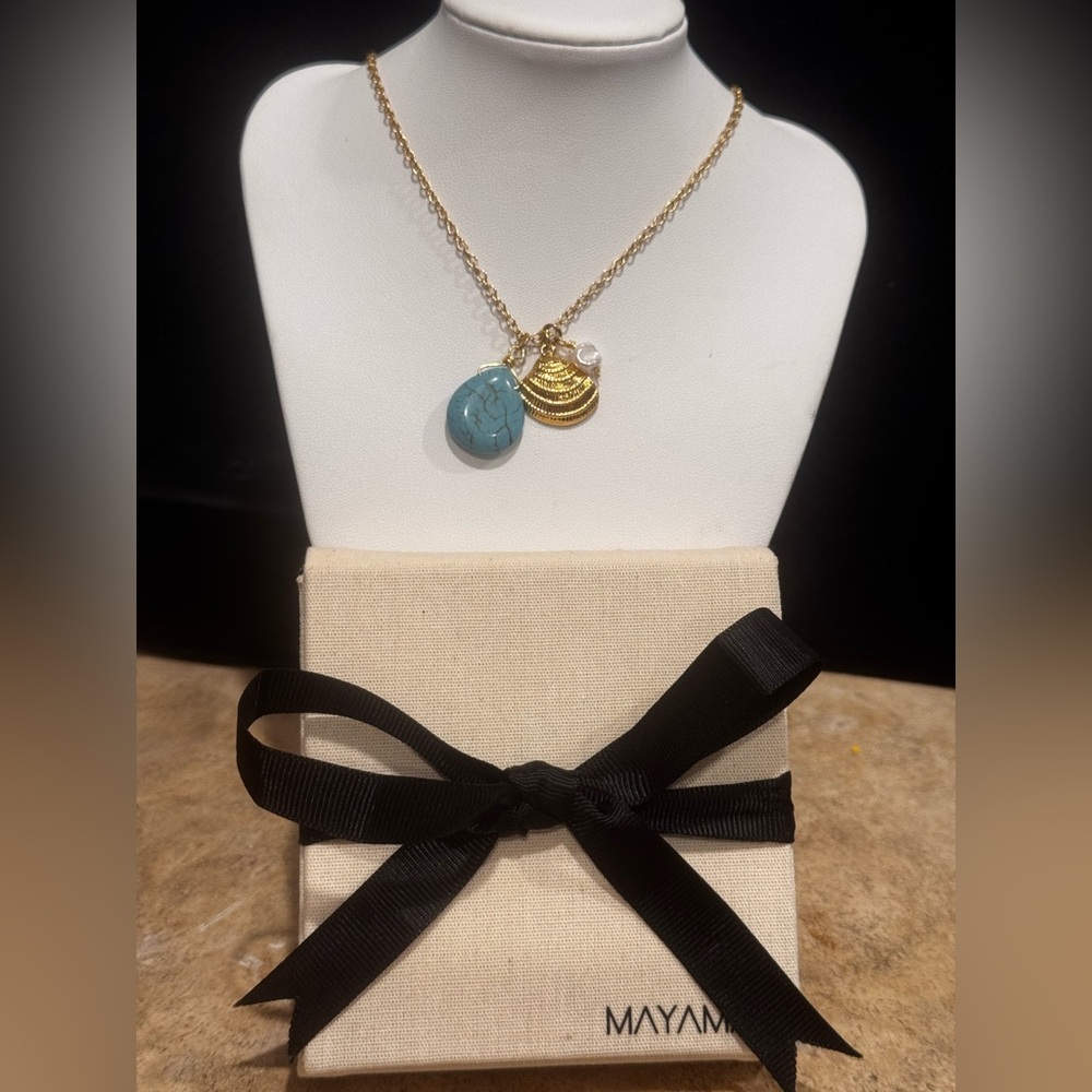 MAYAMAR 24K Gold Plated Shell Turquoise & Pearl Charm Necklace 16-19 inch approx